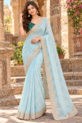 Rangoli Silk Embroidery Work Saree With Unstitched Blouse(Sky)