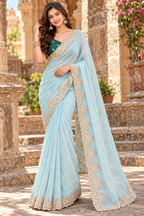 Rangoli Silk Embroidery Work Saree With Unstitched Blouse(Sky)