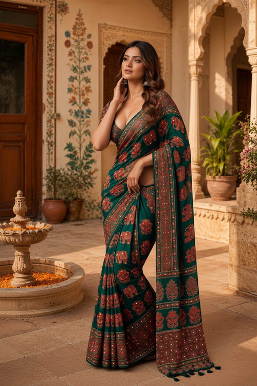 Crepe Silk Ajrakh Printed Saree With Unstitched Blouse(Green)