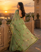 Star Georgette Ready To Wear Embroidery Work Saree With Unstitched Blouse(Green)
