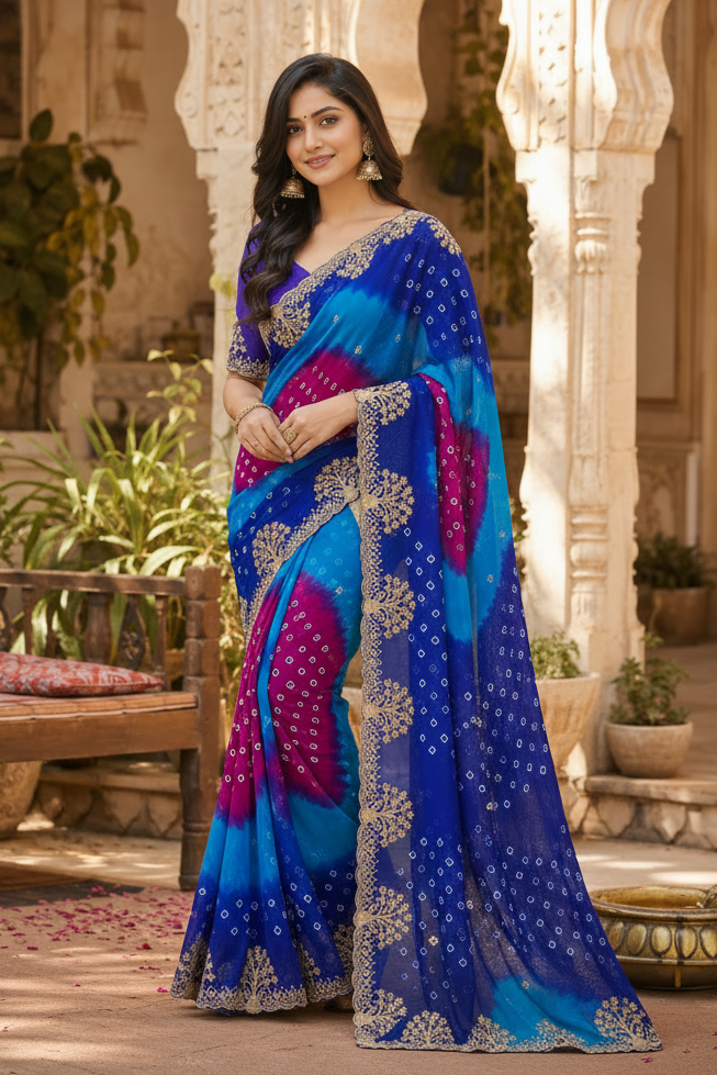 Georgette Bandhani Print Saree With Unstitched Blouse(Blue)