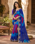 Georgette Bandhani Print Saree With Unstitched Blouse(Blue)