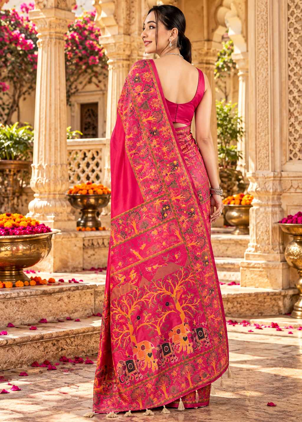 Premium Pashmina Kashmiri Meenakari Weaves Tassels Saree(Pink)