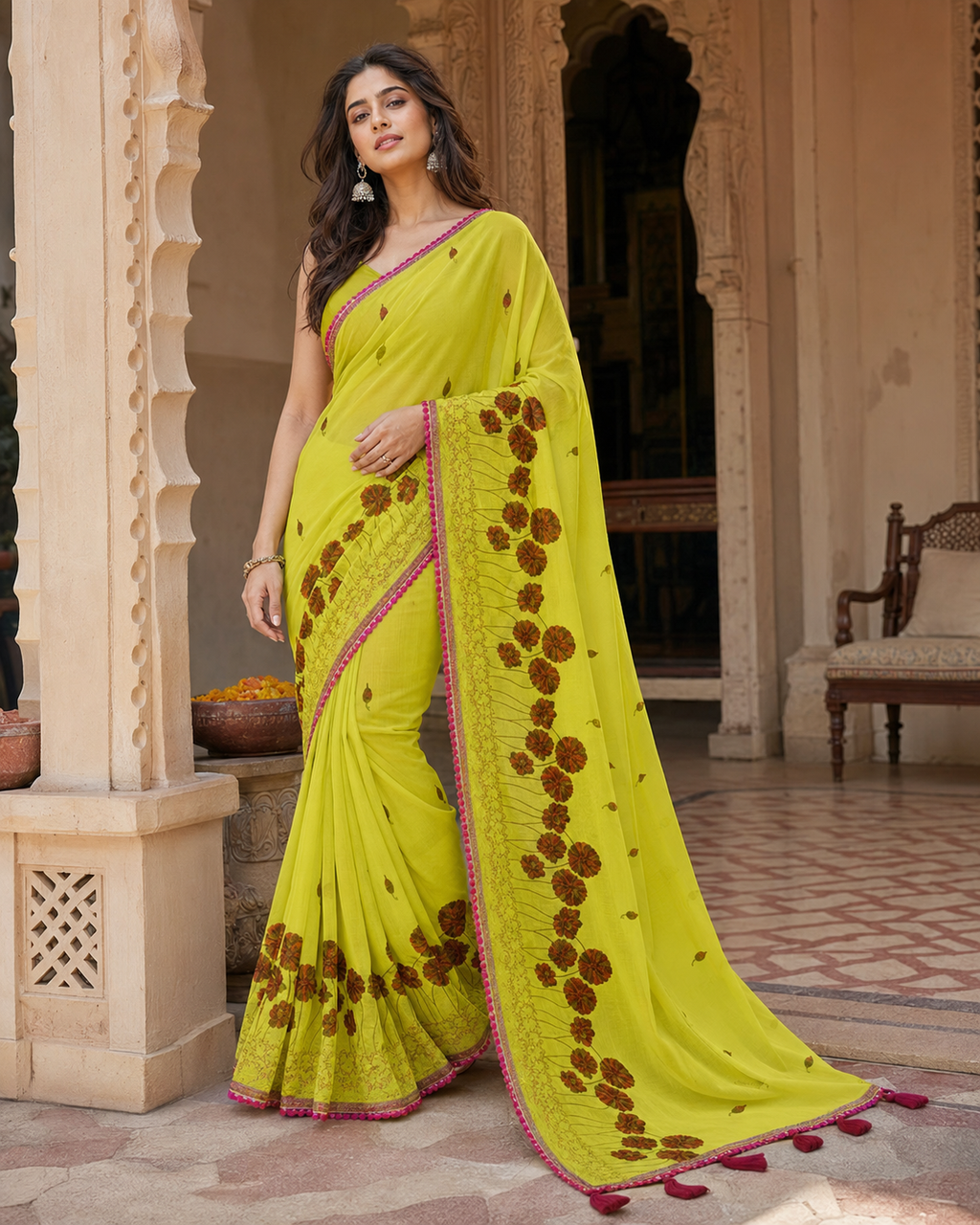 Georgette Embroidery Work Saree With Unstitched Blouse(Olive)