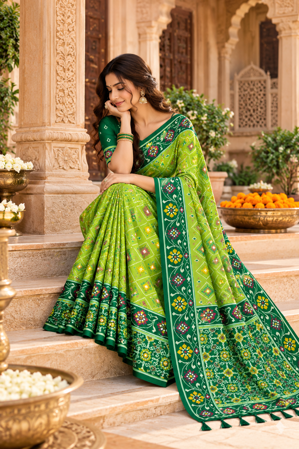 Patola Silk Rich Zari Work Saree With Unstitched Blouse(Green)