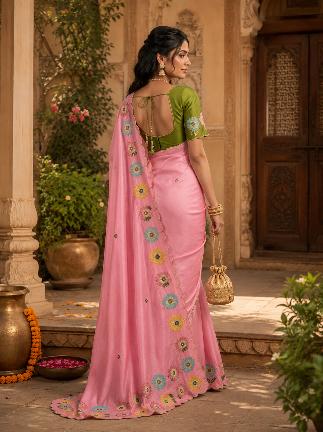 Crepe Silk Embroidery Work Zari Border Saree With Unstitched Blouse(Pink)