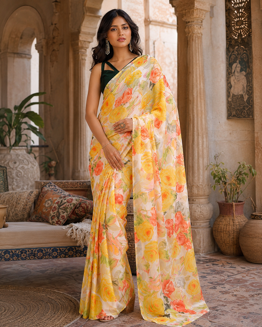 Satin Silk Floral Printed Saree With Unstitched Blouse(Yellow)