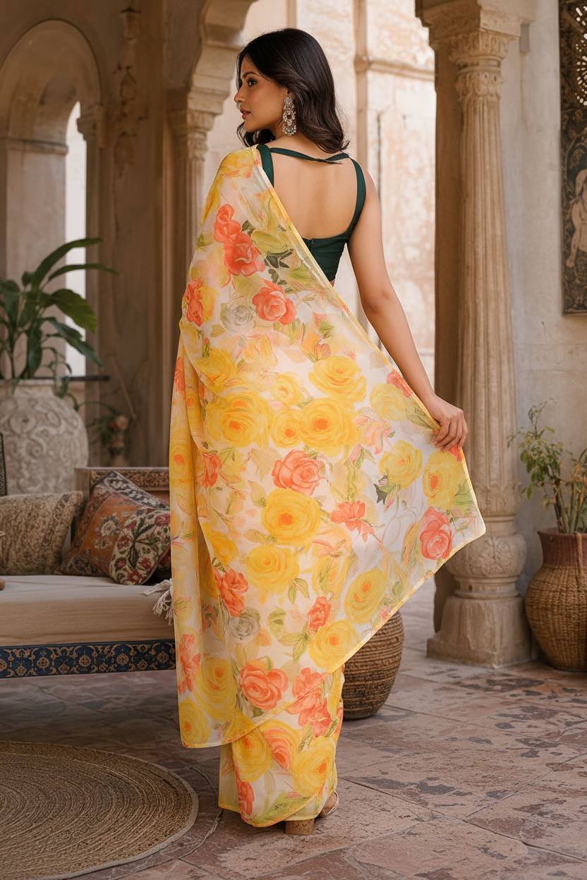 Satin Silk Floral Printed Saree With Unstitched Blouse(Yellow)