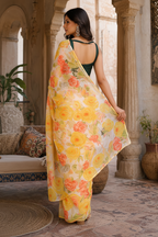 Satin Silk Floral Printed Saree With Unstitched Blouse(Yellow)