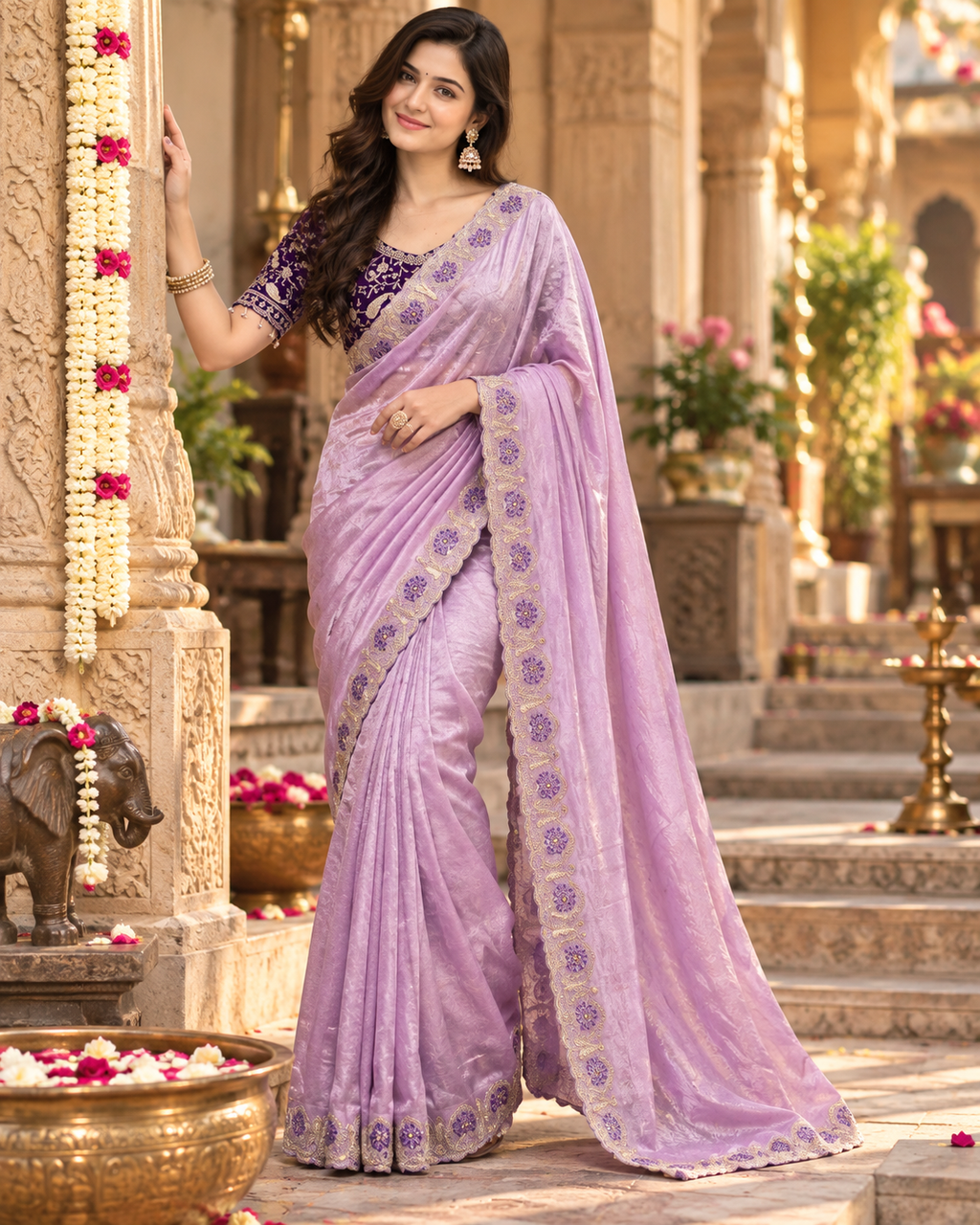 Satin Silk Zari Embroidery Sequin Work Saree With Unstitched Blouse(Lavender)