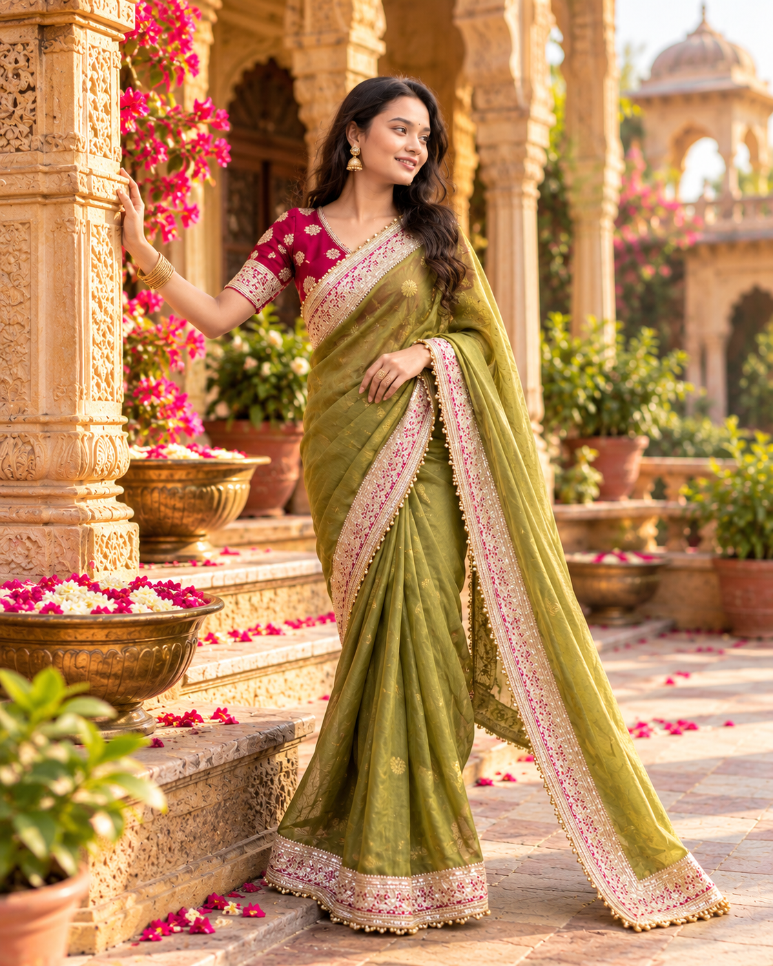 Pure Mocha Silk Sequin Work Saree With Unstitched Blouse(Green)