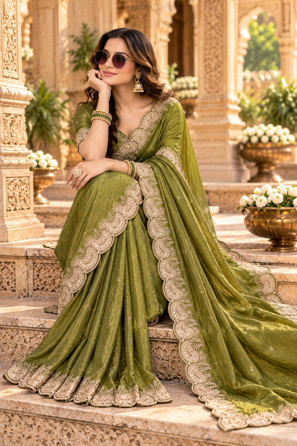 Satin Silk Embroidery Work Saree With Unstitched Blouse(Green)