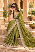 Satin Silk Embroidery Work Saree With Unstitched Blouse(Green)