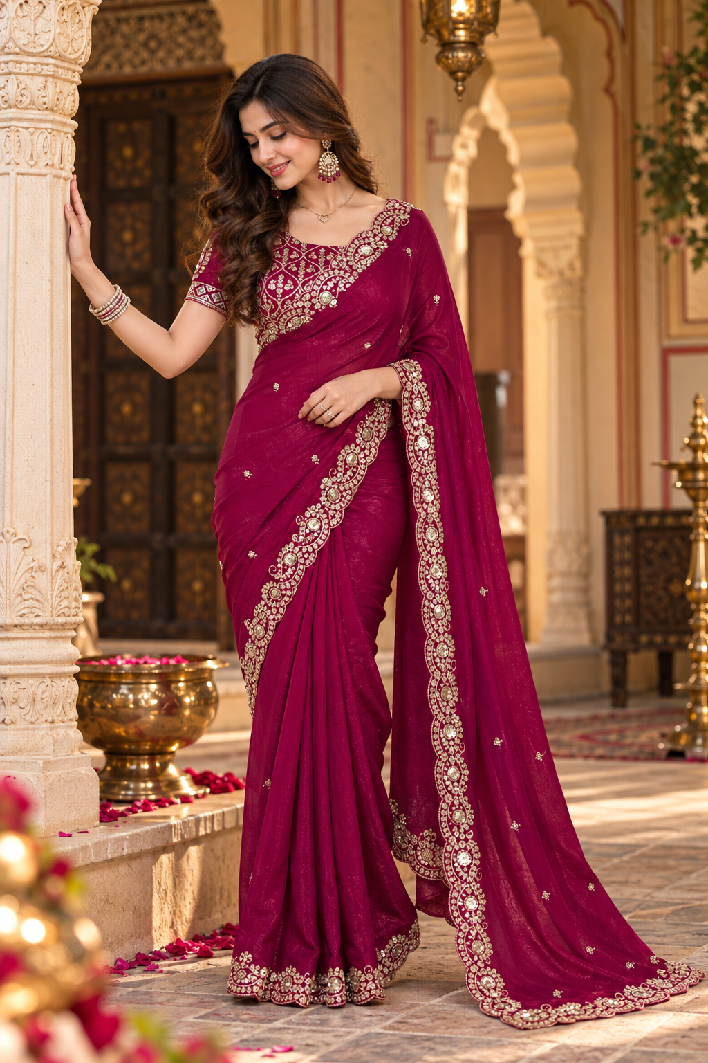 Satin Silk Embroidery Work Saree with Unstitched Blouse(Rani)