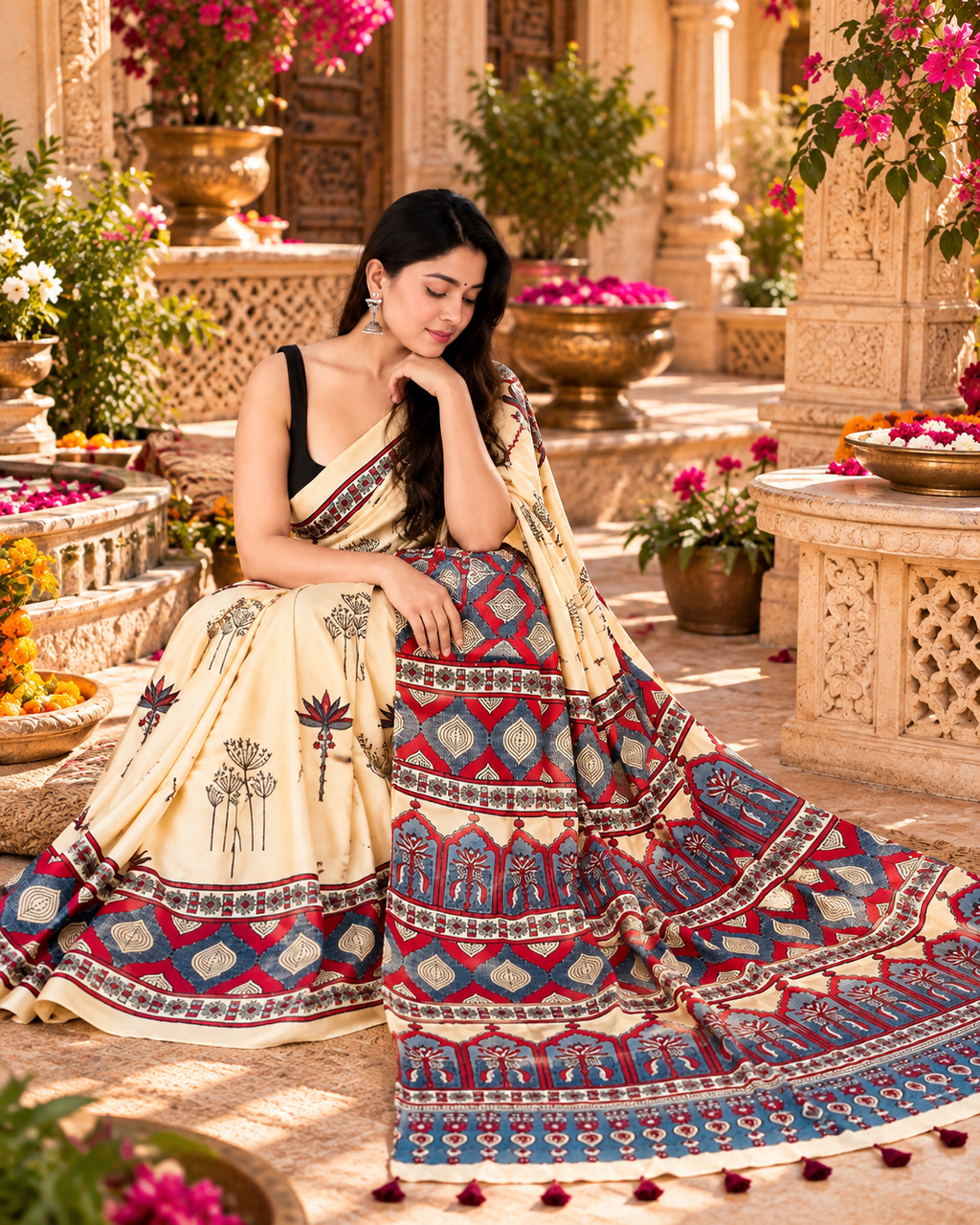 Premium Pure Satin Silk Ajrakh Print saree With Unstitched Blouse(Off White)