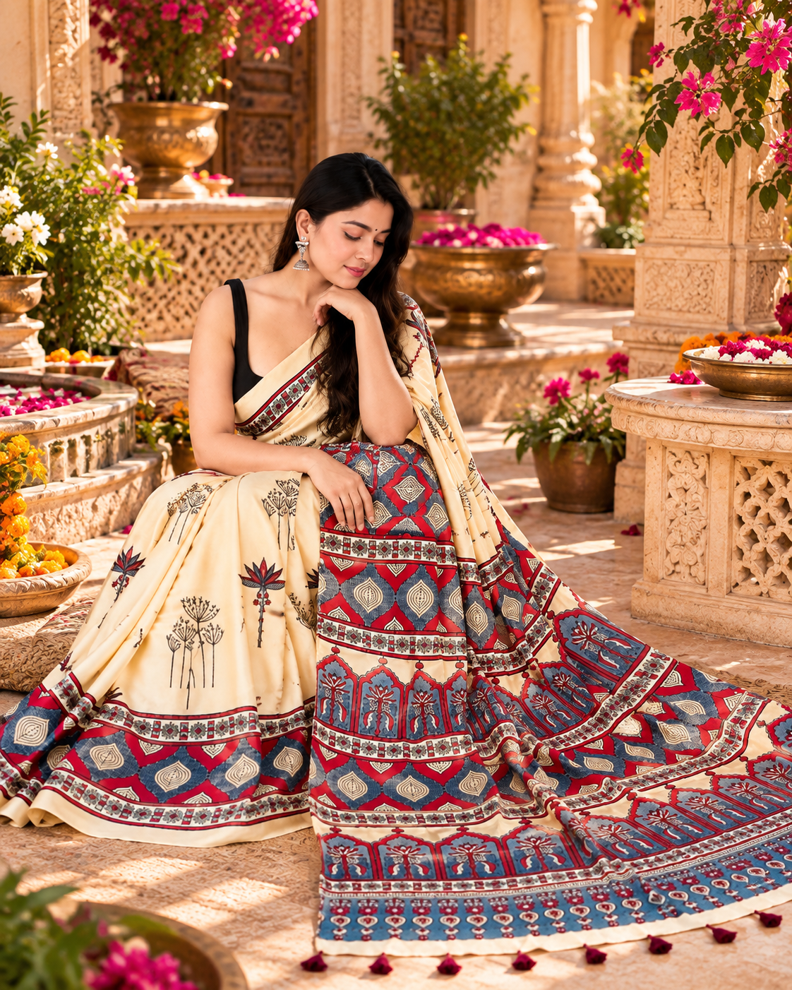 Premium Pure Satin Silk Ajrakh Print saree With Unstitched Blouse(Off White)