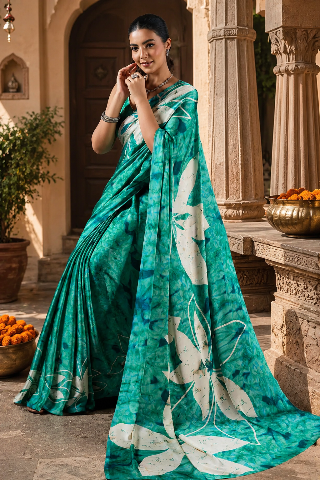 Satin Silk Ajrakh Printed Saree With Unstitched Blouse(Green)