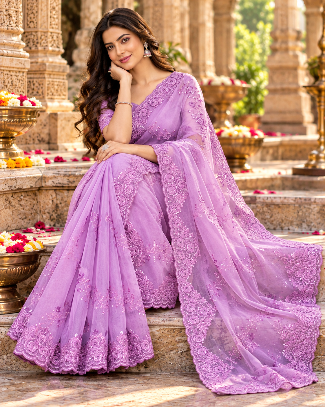 Organza Silk Sequin Work Saree With Unstitched Blouse(Violet)