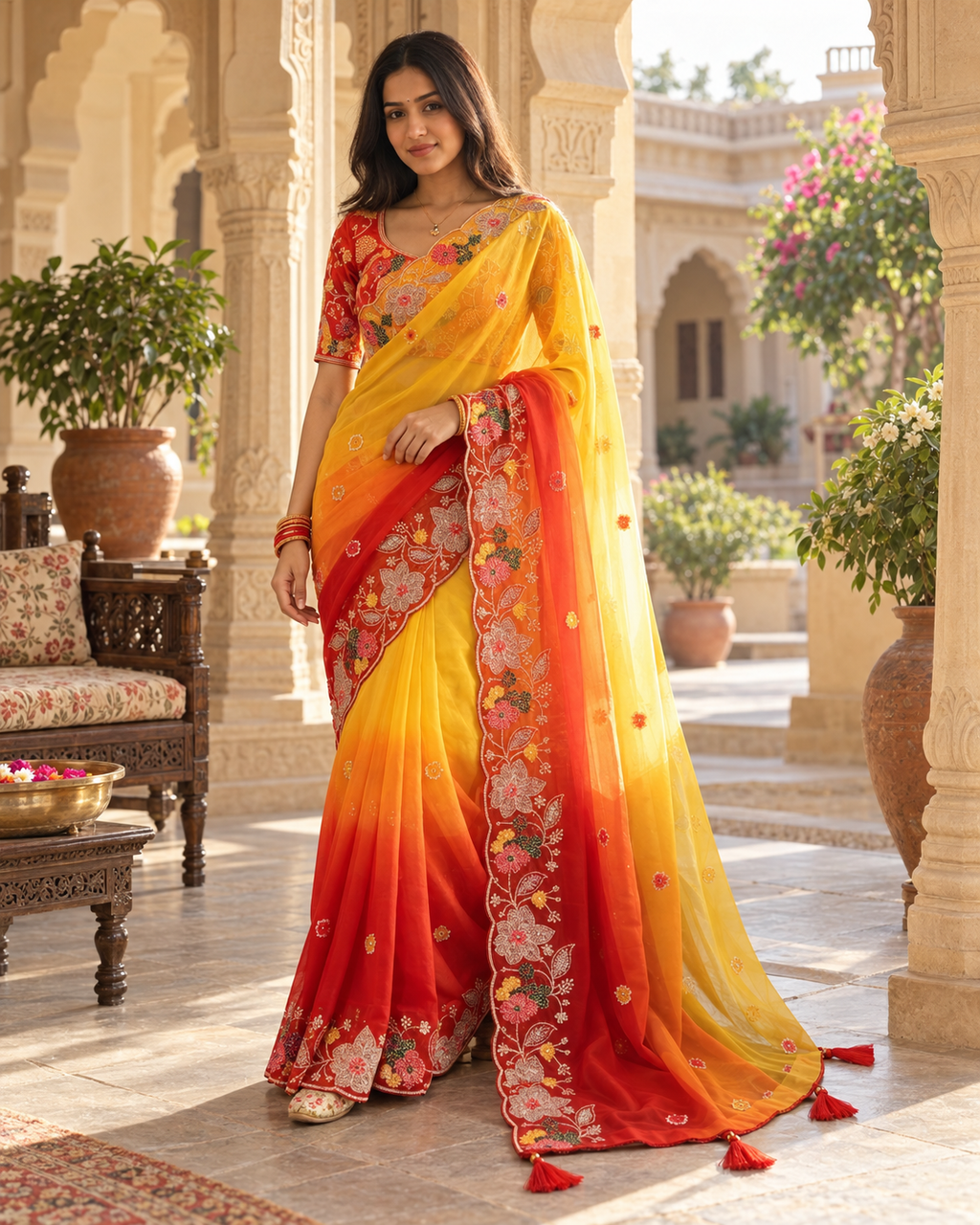 Georgette Embroidery Work Saree With Unstitched Blouse(Yellow)