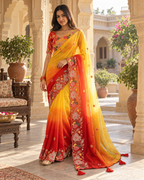 Georgette Embroidery Work Saree With Unstitched Blouse(Yellow)