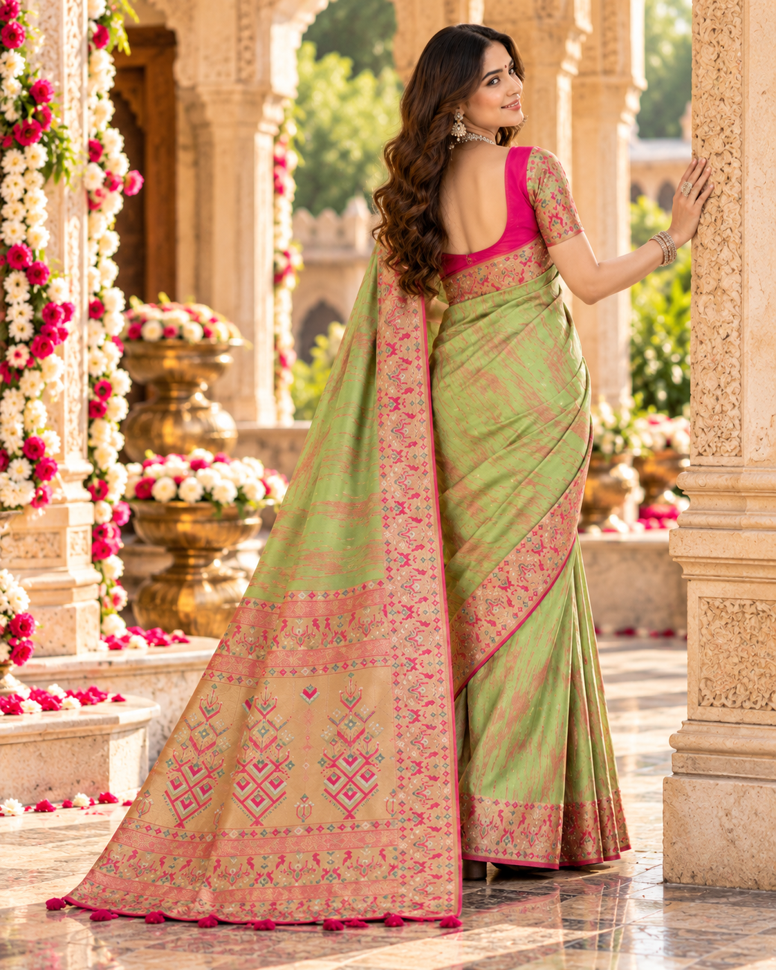Premium Tissue Silk Zari Border Work Saree With Unstitched Blouse(Fern Green)