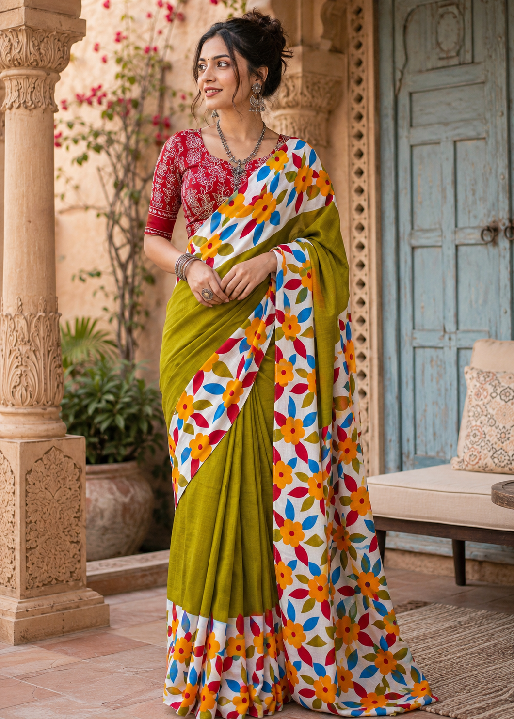 Soft Mulmul Cotton Block Printed Saree With unstitched Blouse(Green)