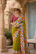 Soft Mulmul Cotton Block Printed Saree With unstitched Blouse(Green)