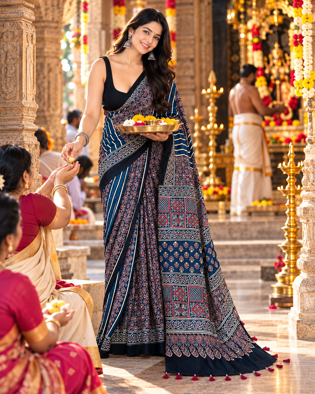 Premium Pure Satin Silk Ajrakh Print Saree With Unstitched Blouse(Black)