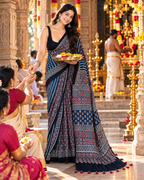Premium Pure Satin Silk Ajrakh Print Saree With Unstitched Blouse(Black)