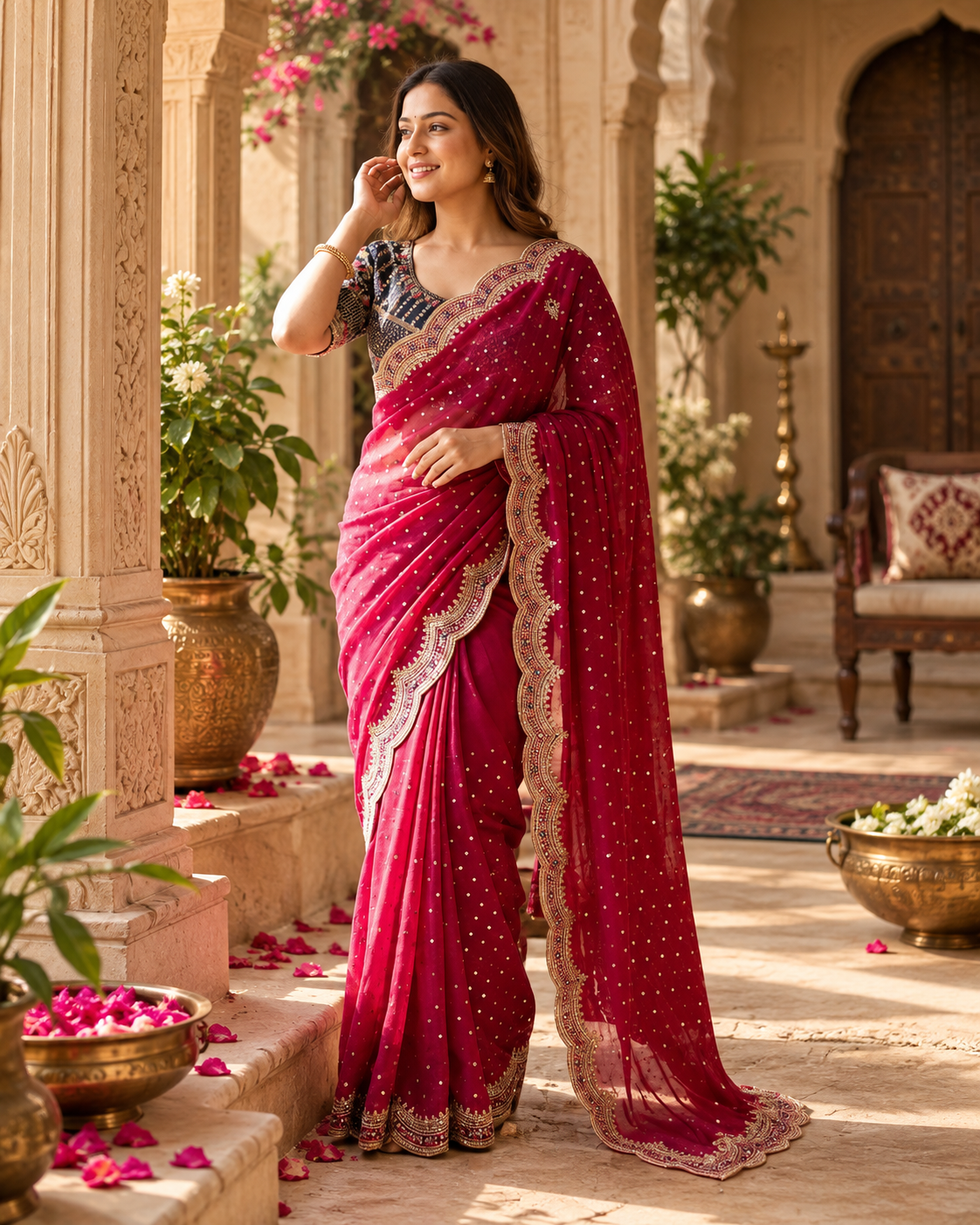 Zari Silk Sequins Work Saree With Unstitched Blouse(Red)
