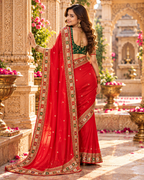 Georgette Embroidery Thread Mirror Work Saree With Unstitched Blose(Red)