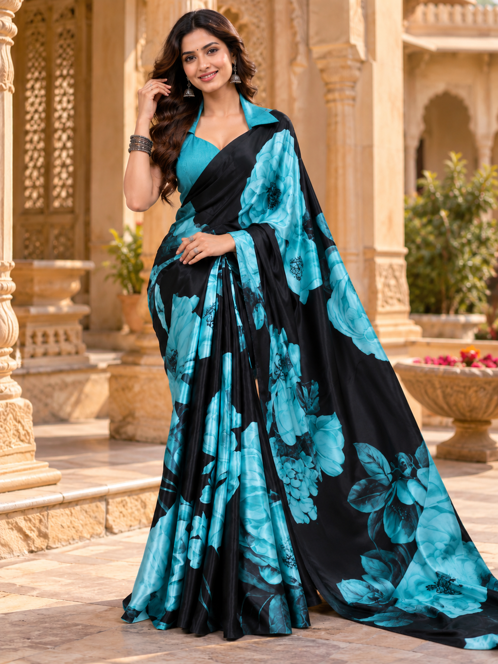 Satin Silk Floral Print Saree With Unstitched Blouse(Blue)