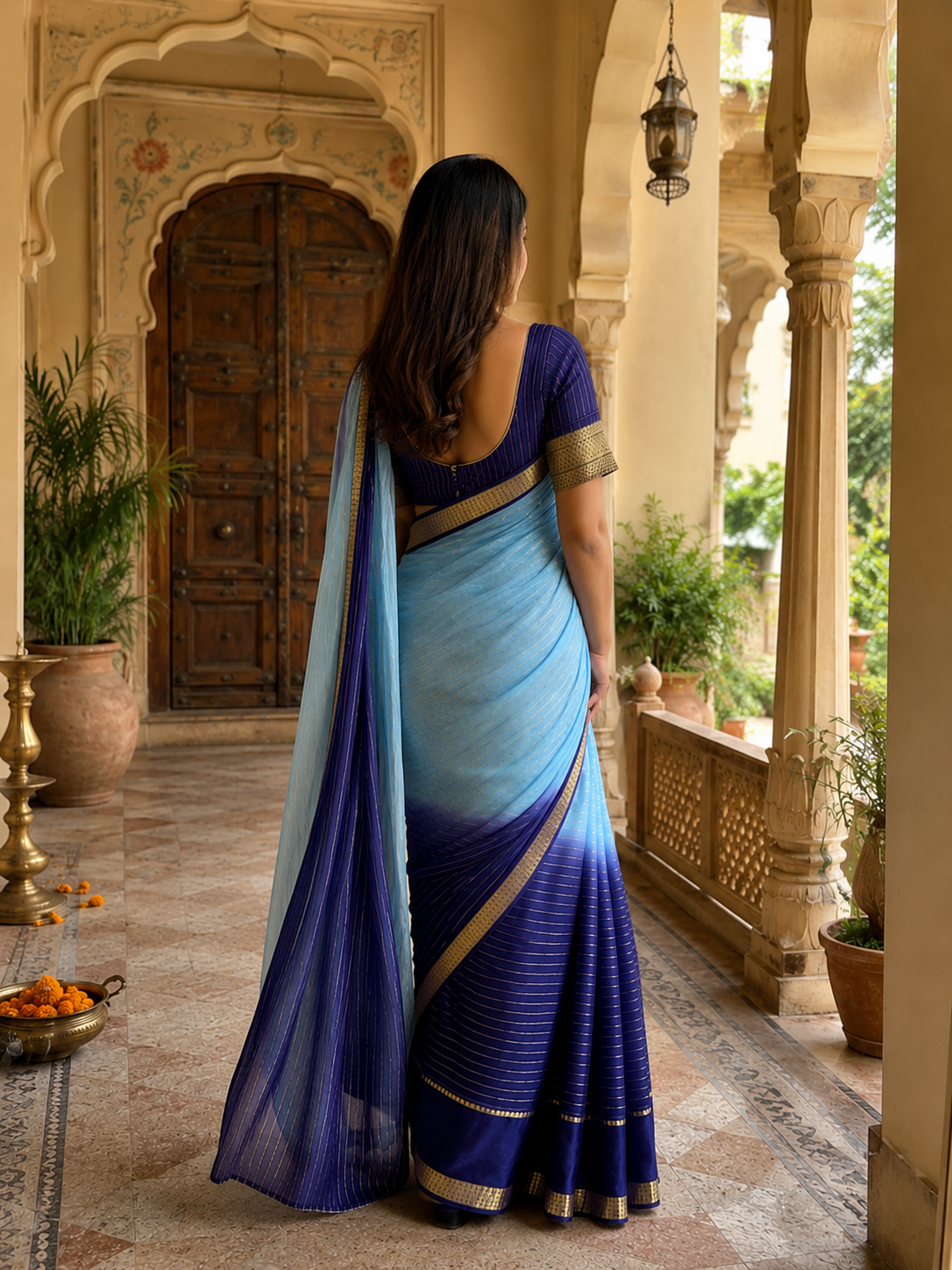 Viscose Georgette Saree With Unstitched Blouse(Blue)