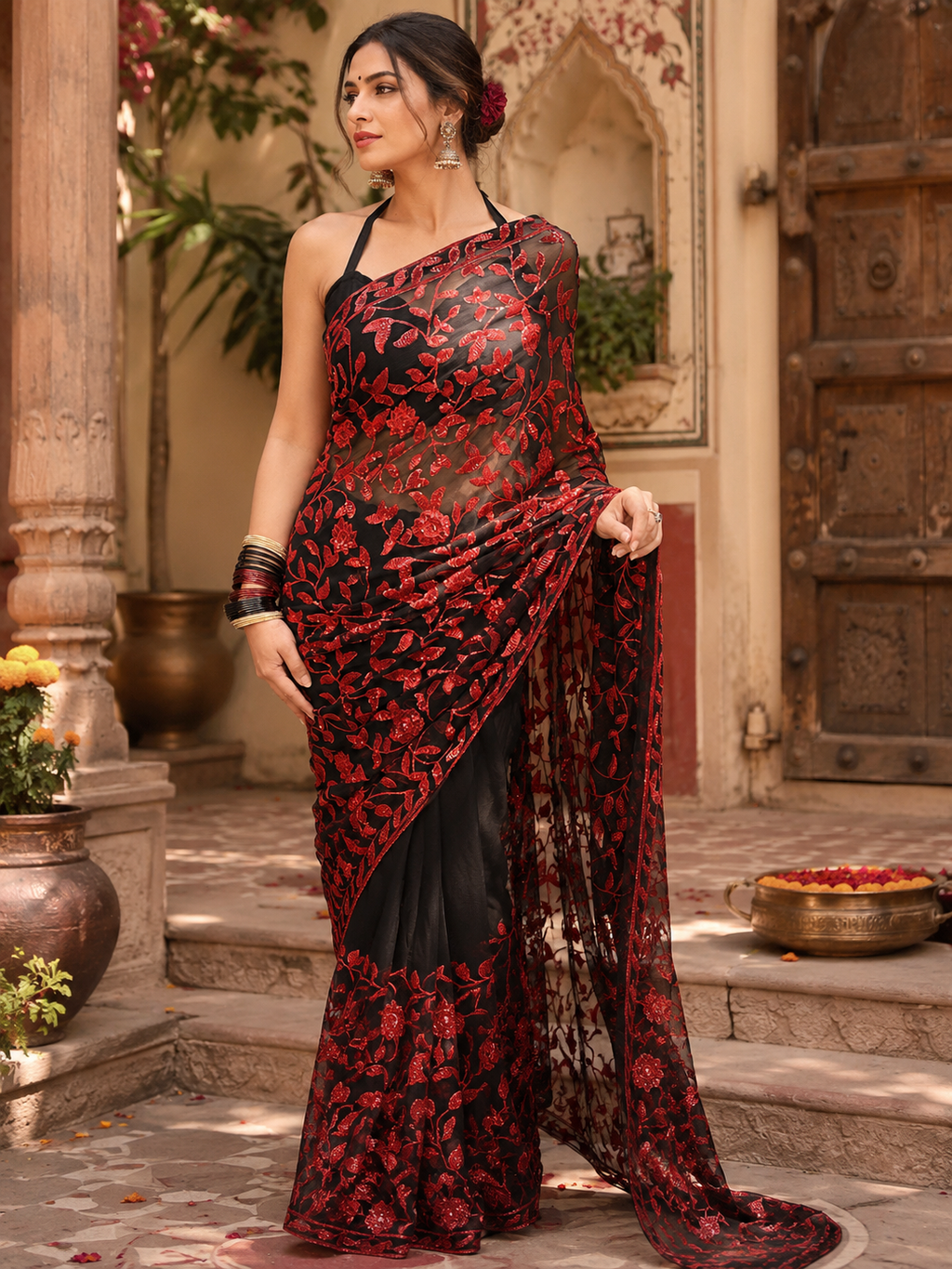 Georgette Flower Sequins Embroidery Work Saree With Unstitched Blouse(Red)