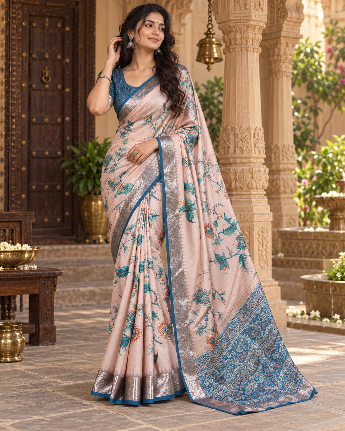 Tussar Silk Printed Saree With Unstitched Blouse(Beige)