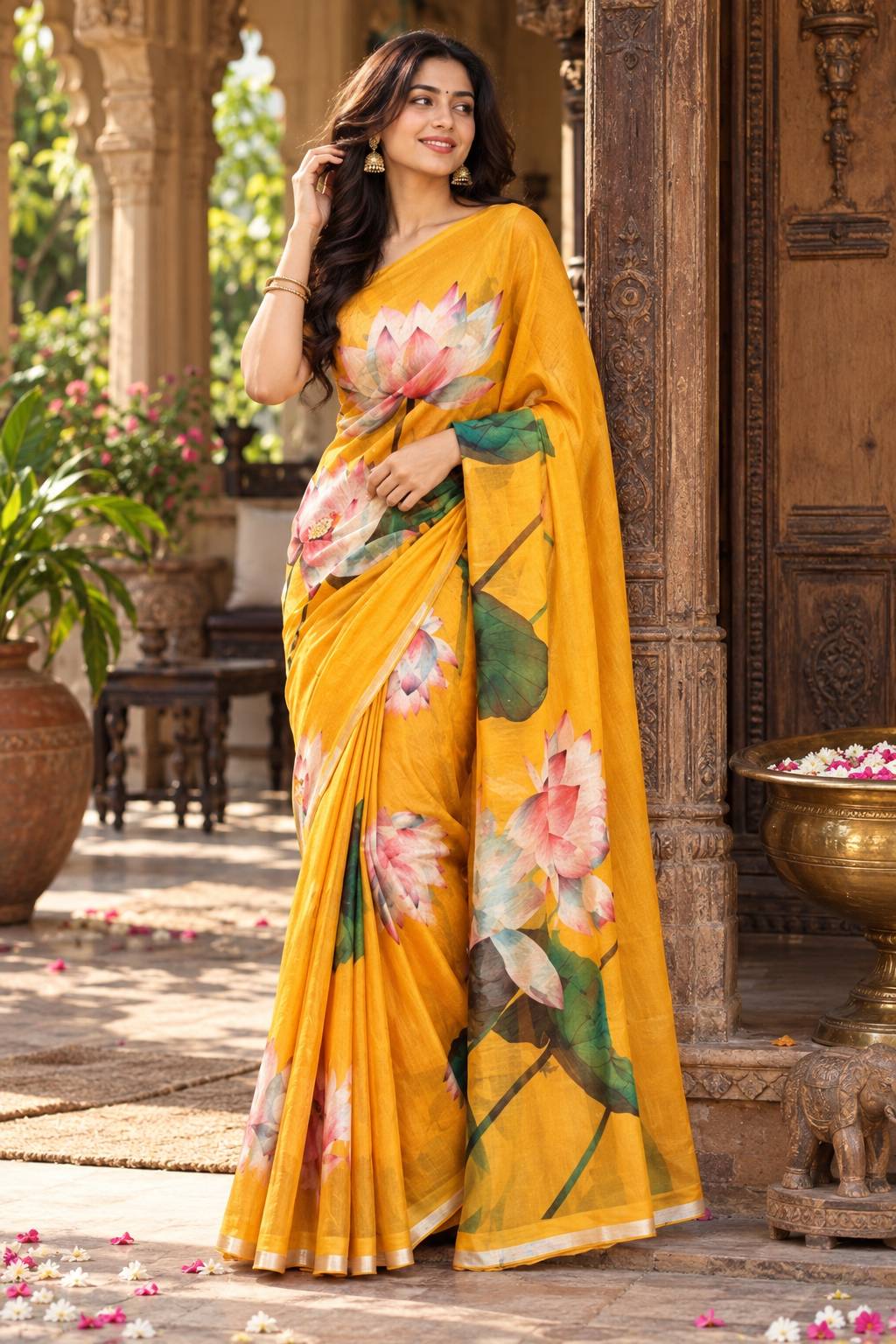 Georgette Floral Print Saree With Unstitched Blouse(Mustard)