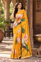 Georgette Floral Print Saree With Unstitched Blouse(Mustard)