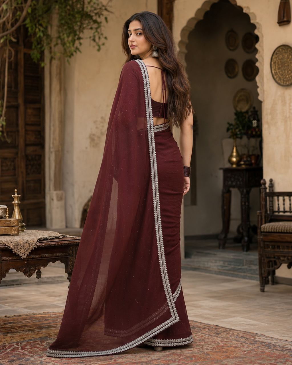Organza Ready To Wear Saree With Unstitched Blouse(Maroon)