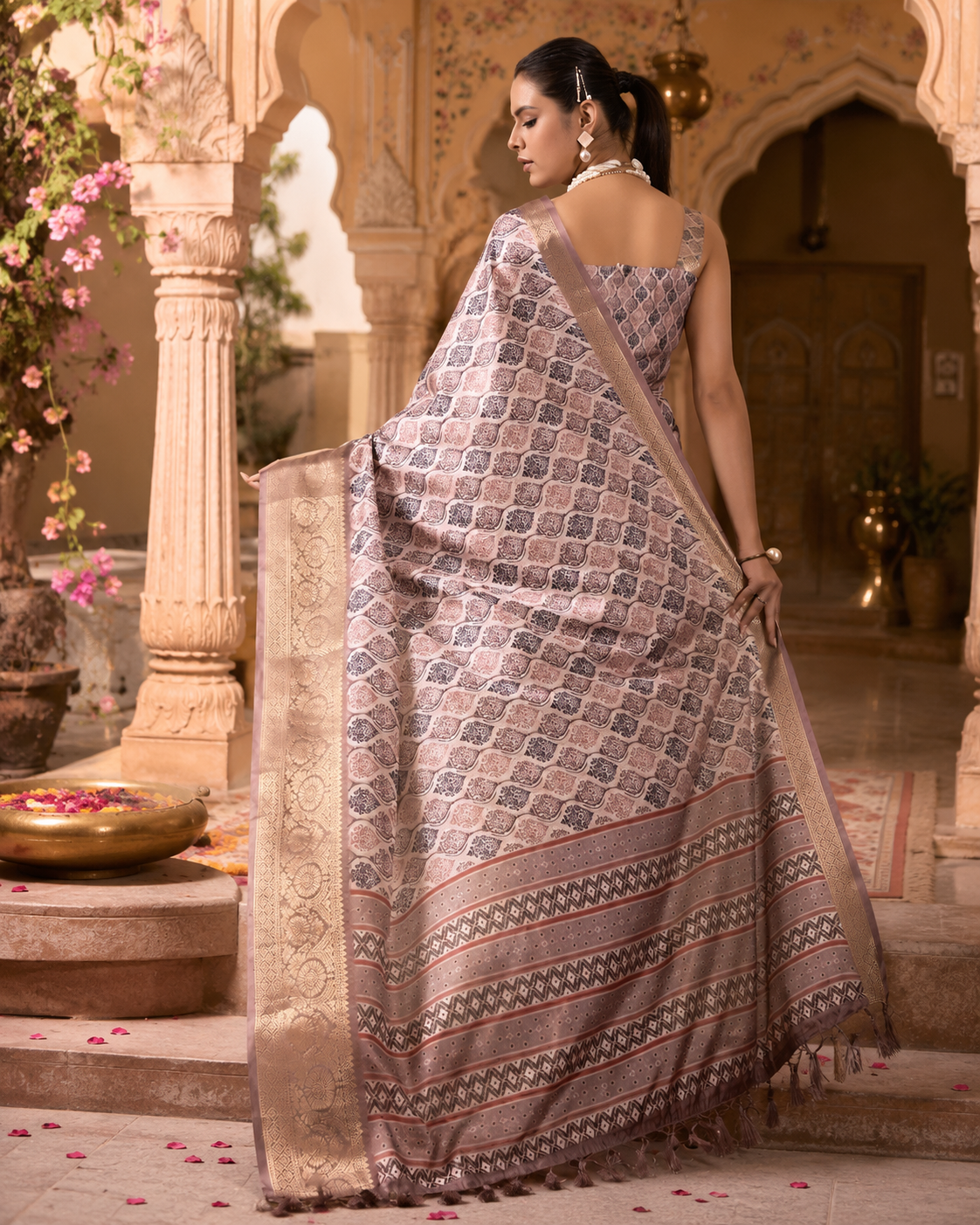 Litchi Silk Golden Zari Border Saree With Unstitched Blouse(Beige)