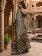 Premium Silk Printed Saree With Unstitched Blouse(Grey)