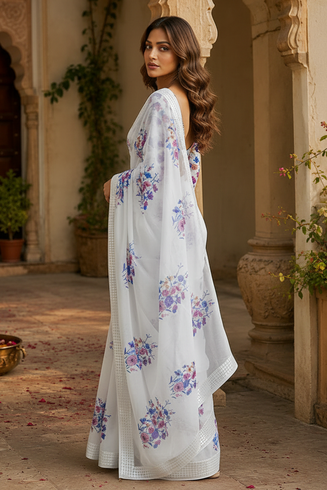 Georgette Floral Print Saree With Unstitched Blouse(White)