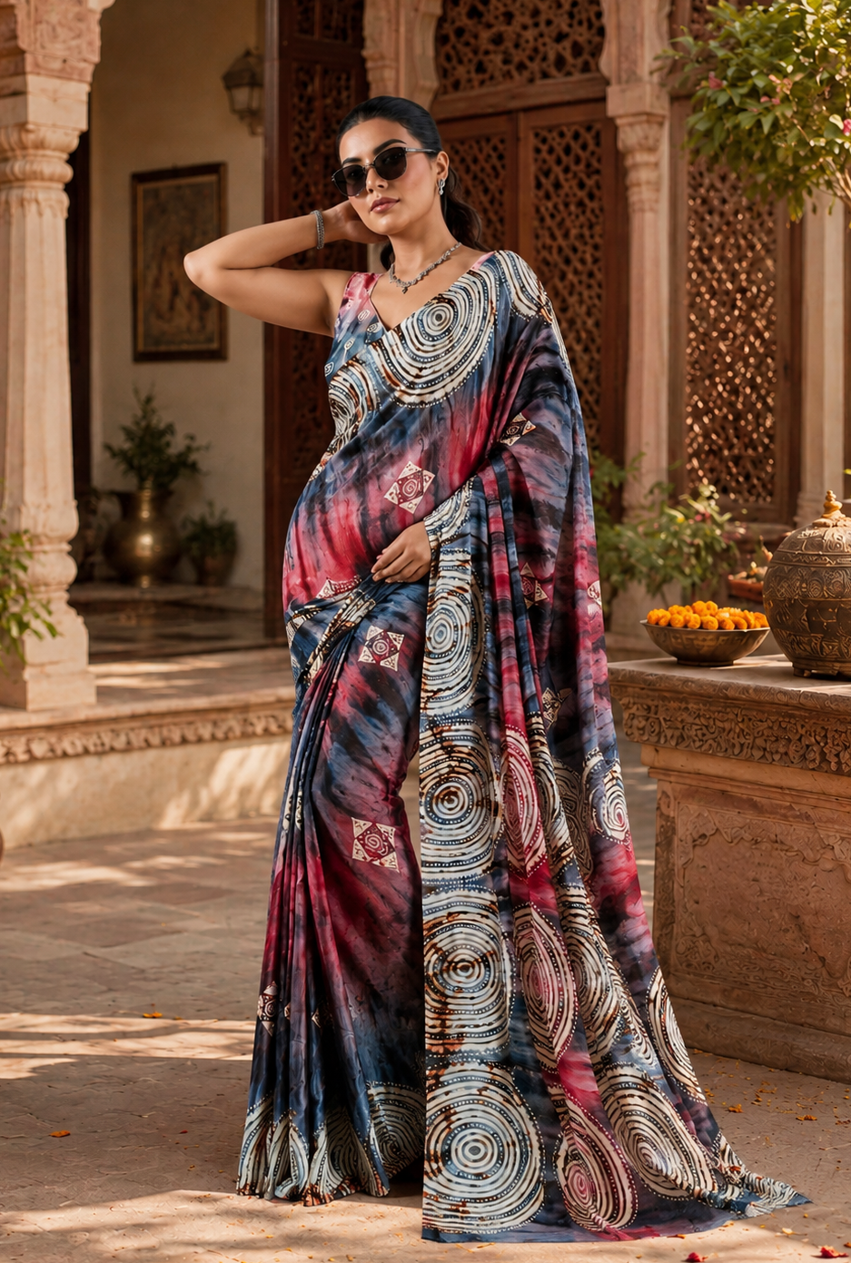 Satin Silk Ajrakh Printed Saree With Unstitched Blouse(Blue)