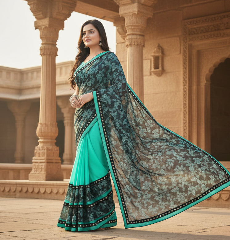 Women's Lycra Blend Saree with Blouse (Rama, 5-6 Mtrs)
