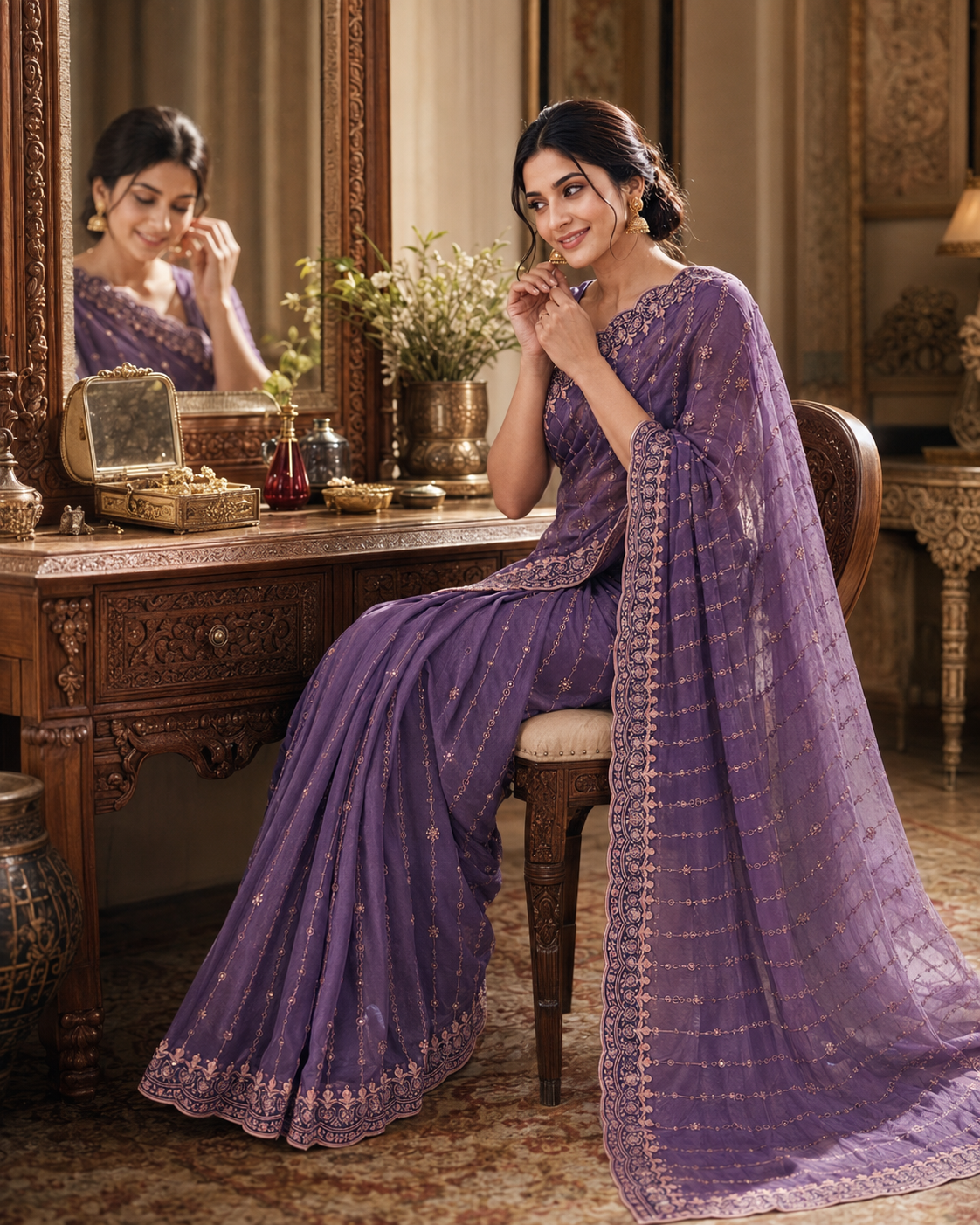 Moss Gold Shine Multi Sequence Embroidery Work Silk Saree With Unstitched Blouse (Lavender Purple)
