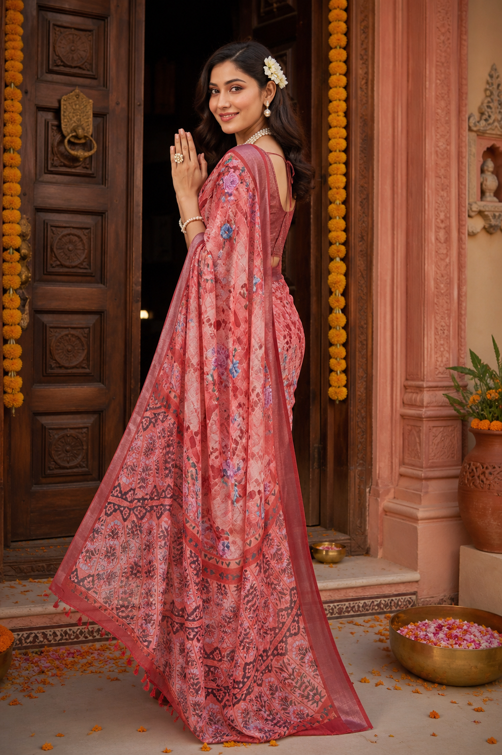 Premium Linen Floral Print Traditional Patola Border Saree with Unstitched Blouse (Reddish)