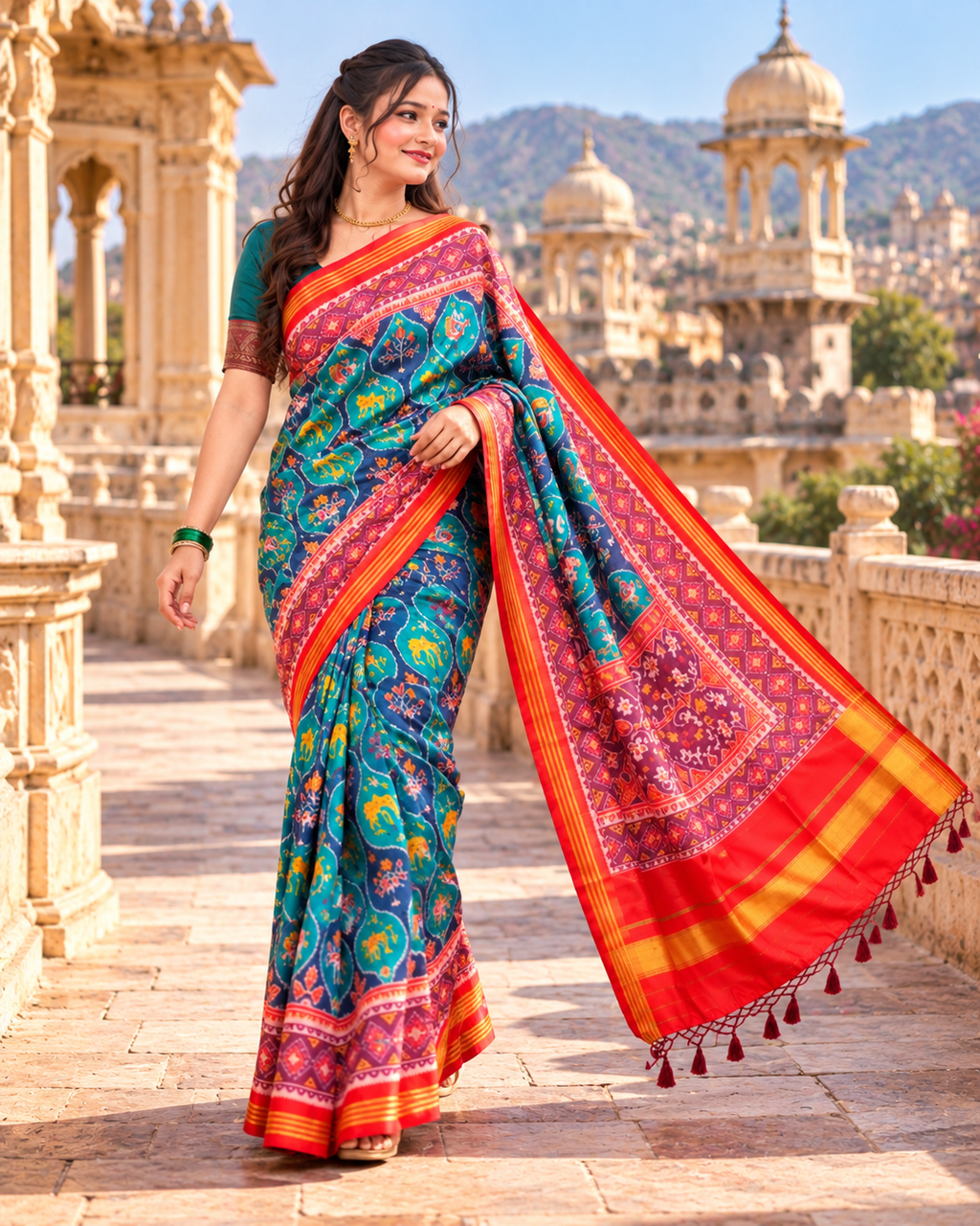 Soft Patola Silk Ikkat DPrint Saree With Unstitched Blouse(Blue)