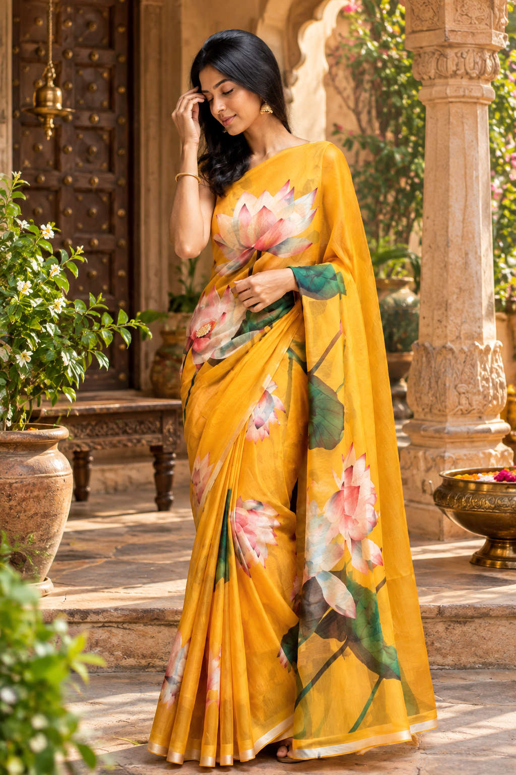 Georgette Floral Print Saree With Unstitched Blouse(Mustard)