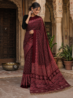 Premium Satin Silk Ajrarakh Print Saree with Unstitched Blouse(Maroon)