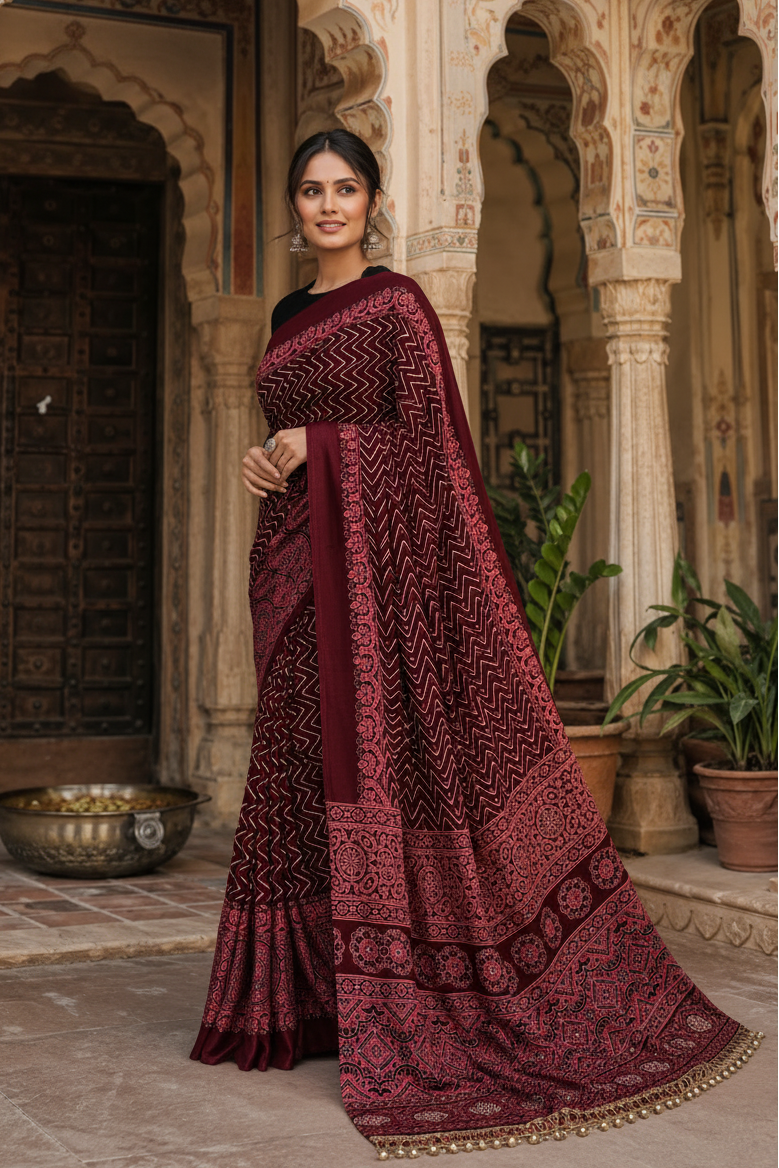 Premium Satin Silk Ajrarakh Print Saree with Unstitched Blouse(Maroon)