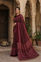 Premium Satin Silk Ajrarakh Print Saree with Unstitched Blouse(Maroon)